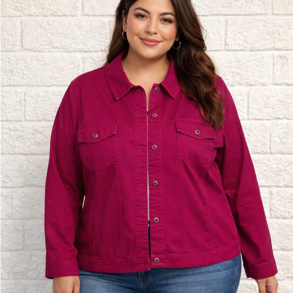 DENIM & CO Fuchsia Pink Denim Cotton Jacket Bejeweled Button Up Size 3X